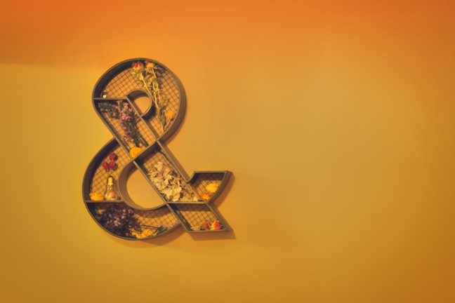 An ampersand symbol mounted on a wall, designed as a decorative shelf. The interior contains various dried flowers and small objects. The background is a smooth gradient of warm orange tones, giving it a cozy and artistic vibe.
