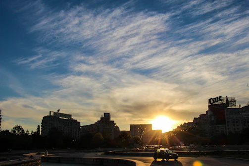 High-resolution photo of an urban landscape at sunset showcasing warm natural light.