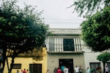 A municipal building with a group of people gathered outside, surrounded by large green trees. The façade is partially covered by foliage, and there is a sign on the building. The scene has an overcast sky, creating a subdued atmosphere.