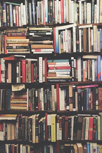 books on brown wooden shelf
