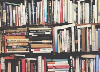 books on brown wooden shelf