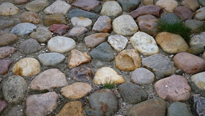 A variety of rounded stones and pebbles, displaying different sizes and earthy colors, are arranged closely together on the ground. There are small patches of green grass growing between some of the stones, adding a touch of natural greenery to the scene.