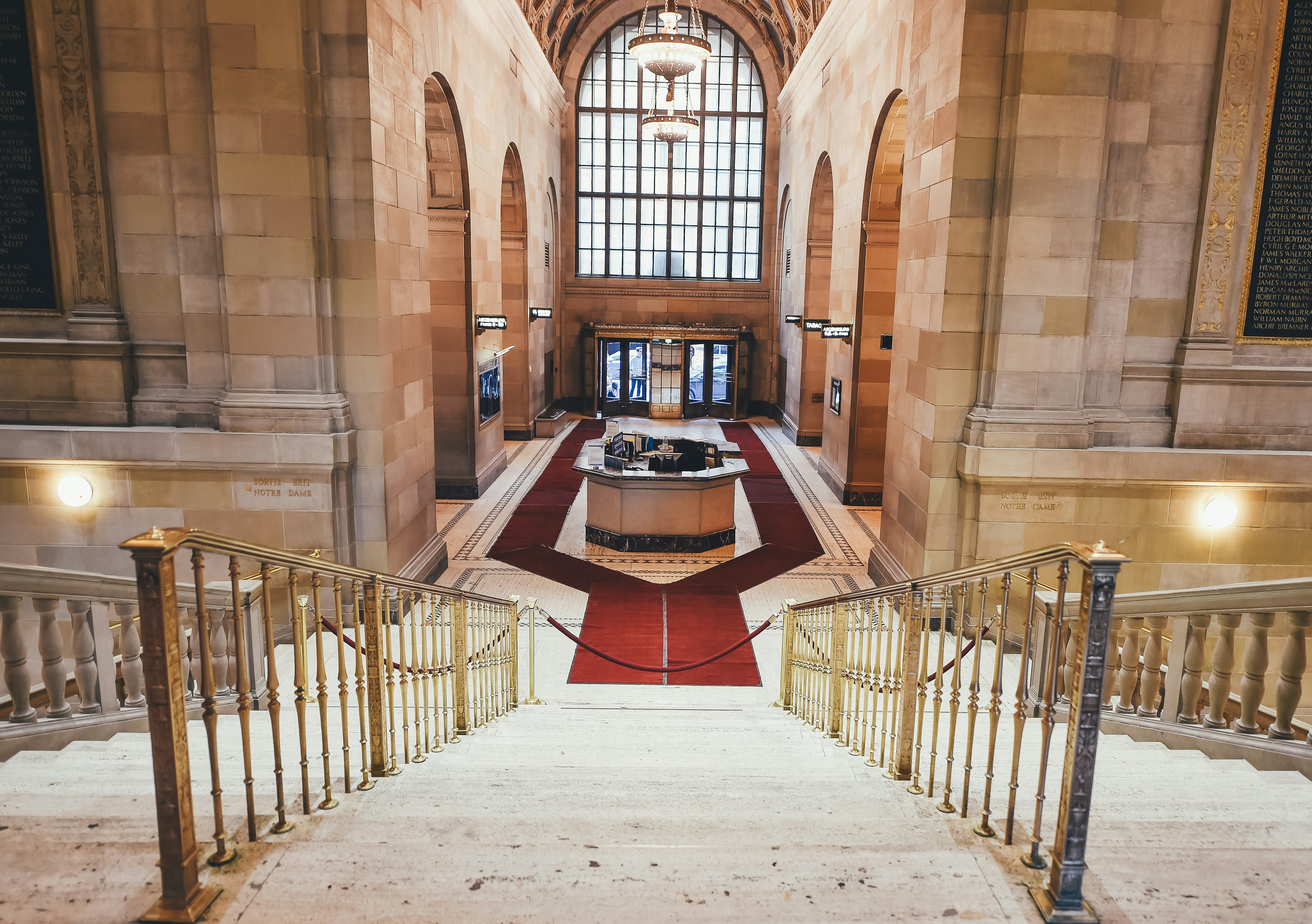 red carpet surrounds the reception desk