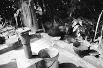 An old-fashioned hand water pump is situated on a concrete platform, surrounded by lush vegetation. Nearby, there are metal buckets, one of which appears to be filled with water. The setting suggests a rural or rustic environment, highlighting simplicity and functionality.