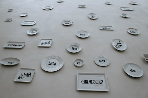 Visual aids displaying German vocabulary for projects.