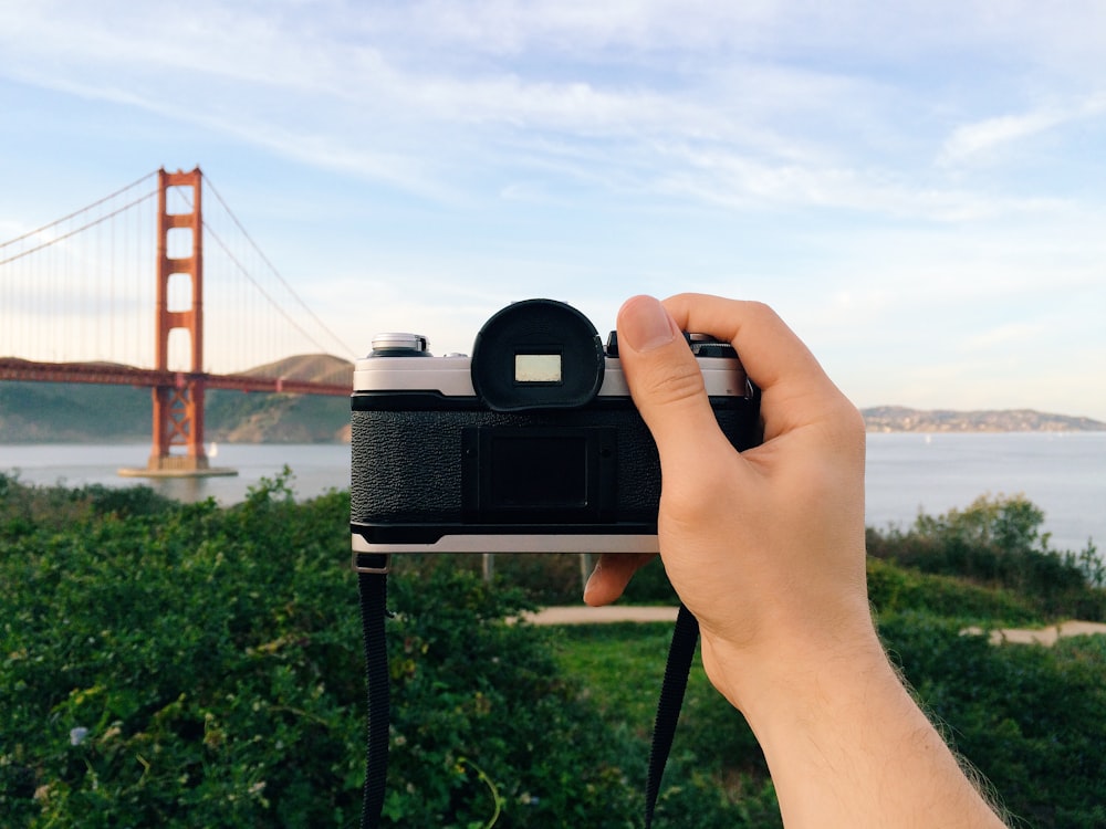 person holding black and gray camera