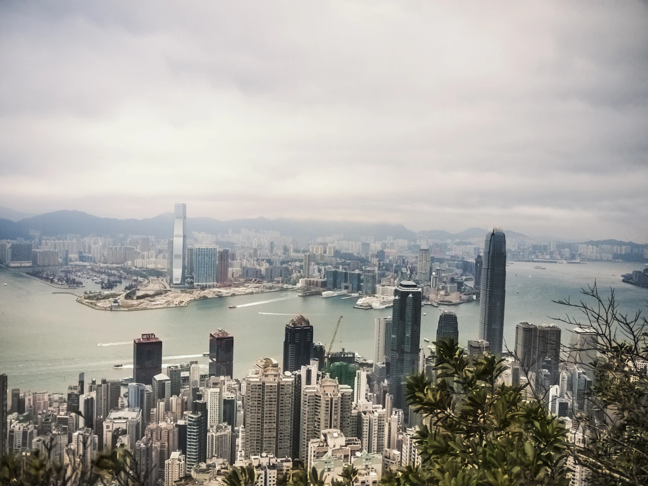 The Hong Kong skyline and harbour seen from Victoria Peak
