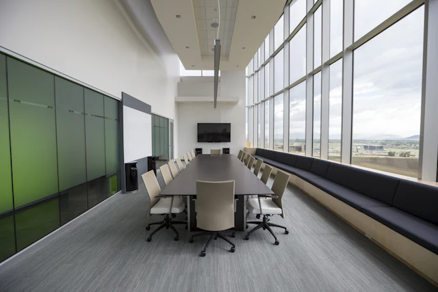 Green Glass Conference Room — commercial office meeting room interior design