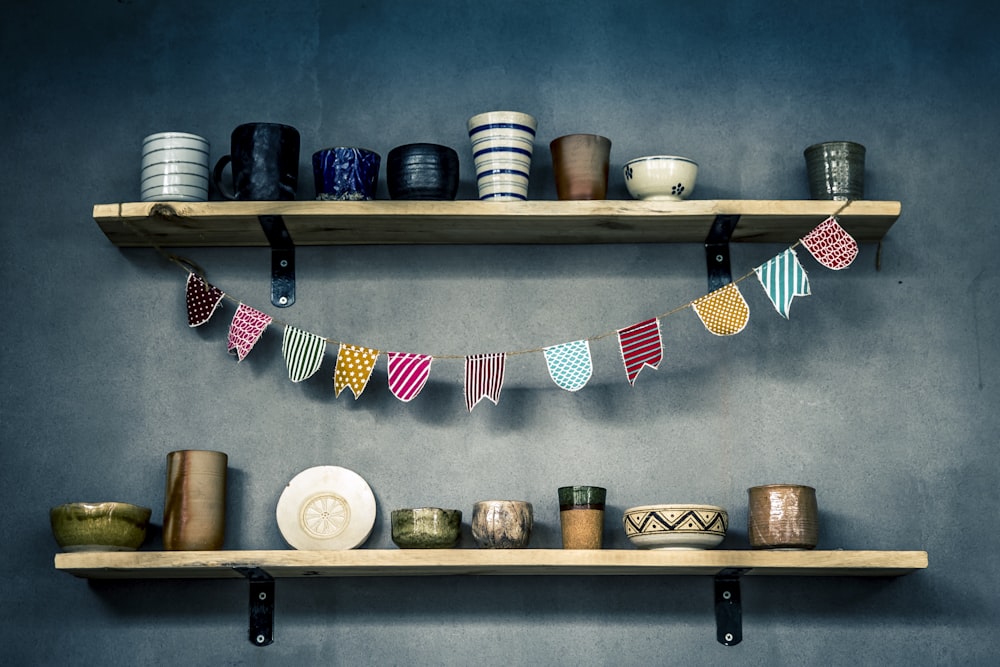 two brown floating shelves