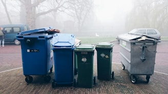 Five waste bins of different sizes and colors are lined up on a paved area. A large blue bin is partially open, revealing some cardboard inside. In the background, there is a blue van and a person with a backpack. A swan is visible, standing on a grassy area surrounded by mist. The scene is enveloped in fog, giving a sense of calm and stillness.