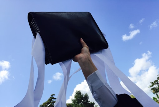 A vibrant illustration of a person joyfully tossing a briefcase into the air against a bright blue sky.