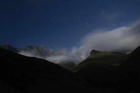 A serene mountain landscape where piano keys form a winding path under a starry sky.