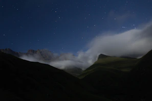 A serene Bhutanese valley at night, bathed in soft moonlight with countless stars overhead
