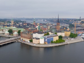 A picturesque urban landscape depicts a blend of historical and modern architecture situated on a waterfront. The scene features a variety of colorful buildings with spires and domes. The water reflects the structures, and several bridges connect the different areas. The atmosphere appears calm yet lively, with signs of both local activity and tourism.