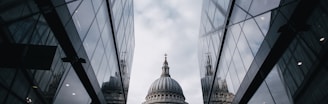 church between mirror-curtain buildings