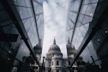 church between mirror-curtain buildings