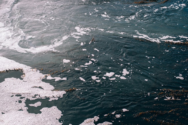 Waves and sea foam create swirling patterns on the surface of dark green ocean water, with patches of seaweed floating near the edges.
