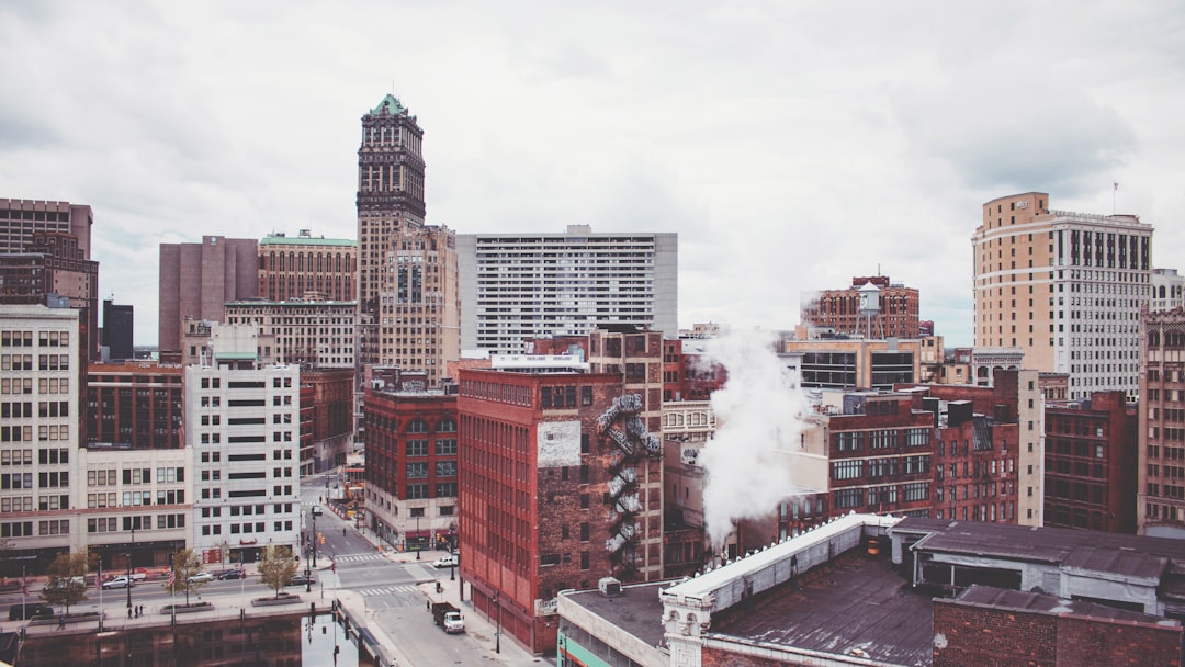 high angle view of high rise buildings, Buildings downtown Detroit