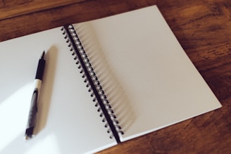A handwritten journal and pen resting on a rustic wooden desk with morning light.