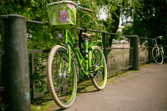 A green bicycle with a basket attached to the front is parked on a paved pathway next to a metal railing. The scene is surrounded by lush green trees, suggesting a park or nature setting. Another bicycle is faintly visible in the background.