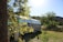 An Airstream trailer is parked in a natural setting surrounded by green trees and grass under the bright sun. A large tree with leafy branches is in the foreground, partially obscuring the shiny surface of the trailer that reflects the greenery around it.