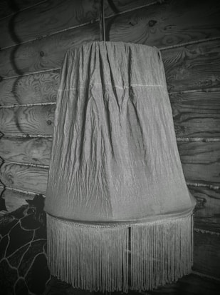 A vintage lamp with a fringed lampshade hangs in front of a wooden wall. The lampshade is pleated and has a classic, elegant design. The wood paneling in the background features a natural, rustic texture.