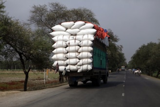 A large truck is overloaded with tightly packed white sacks, secured with ropes, driving along a rural road lined with trees. The sky appears overcast, and there are a few smaller vehicles and bicycles sharing the road in the distance.