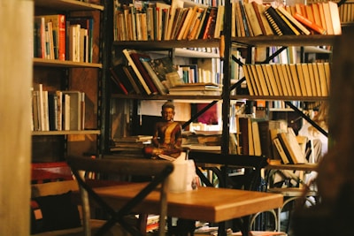 A cozy library or reading area filled with numerous bookshelves. A small statue, possibly of a meditative figure, sits prominently among the books. The environment appears warm and inviting, with a subtle focus on a wooden table and chairs.