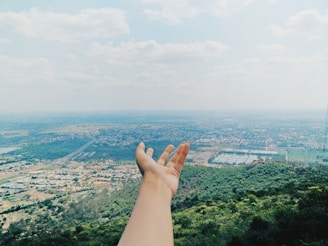 A welcoming handshake between a client and a property consultant in front of a scenic open plot.