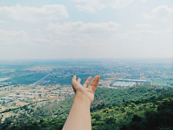 A welcoming handshake between a client and a property consultant in front of a scenic open plot.