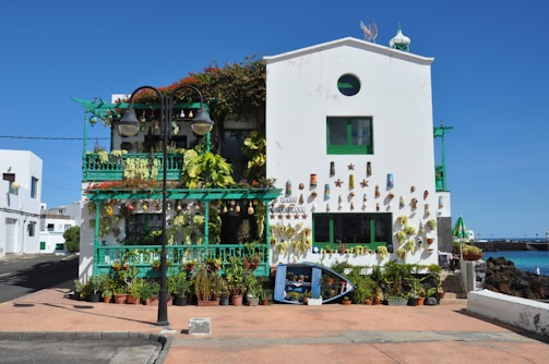 A vibrant, colorful house decorated with numerous potted plants and decorative wall art. The building has a white facade with green accents, including window frames and balcony railings. The house is adorned with various objects such as ceramic art pieces and hanging lights, contributing to its eclectic aesthetic. A path and some street lamps are visible in front, and the house is set against a clear blue sky. Some vegetation grows on the building's balconies and facade.