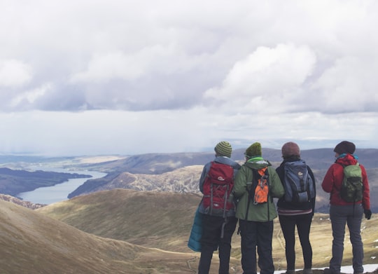 four person standing while looking on mountain view with body of water at daytime in Helvellyn United Kingdom