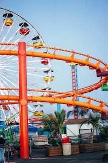 A vibrant amusement park scene with a large Ferris wheel in the background featuring colorful gondolas. An orange roller coaster track winds through the scene. Palm trees and various structures are present below the rides, suggesting a coastal location.