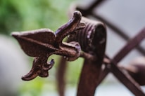 Close-up of an intricately designed fleur de lis medal resting on a velvet cushion.