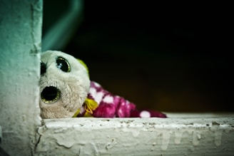 A plush toy with large, shiny eyes peeks out from behind a rough, textured surface. The toy has a white face and is wrapped in a pink polka-dotted fabric. The background is dark, creating a contrast with the brightly colored toy.