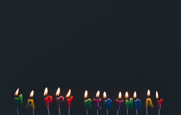 Picture saying Happy Birthday with 12 individual letter lit candles