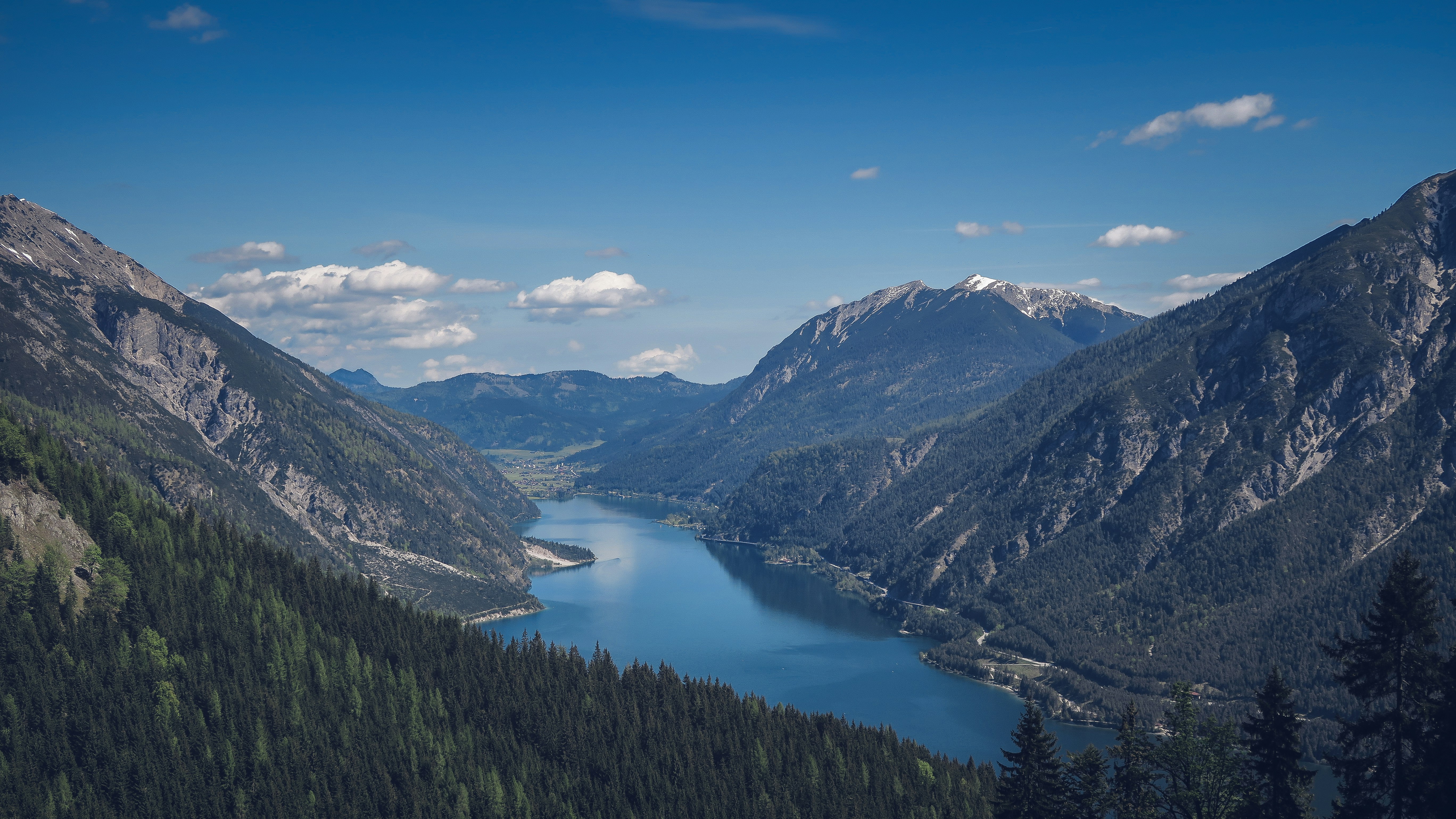 aerial view of mountains, Mountain lake in a valley