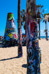Vibrantly painted palm trees and structures covered in graffiti art stand prominently on a sunny beach. The sky is clear and blue, typical of a coastal area. In the background, additional graffiti-decorated surfaces and palm trees are visible, enhancing the urban art scene ambiance.