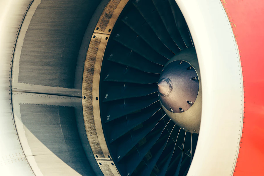 Close-up of an aircraft jet engine turbine