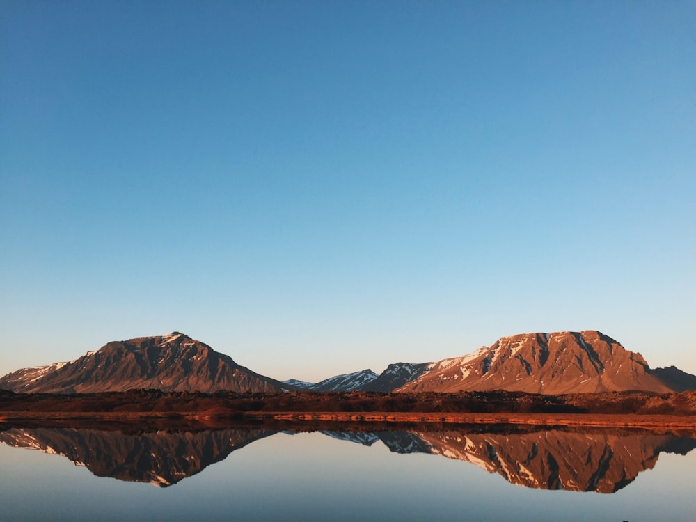 Lago calmo refletindo falésias rochosas e céu azul claro
