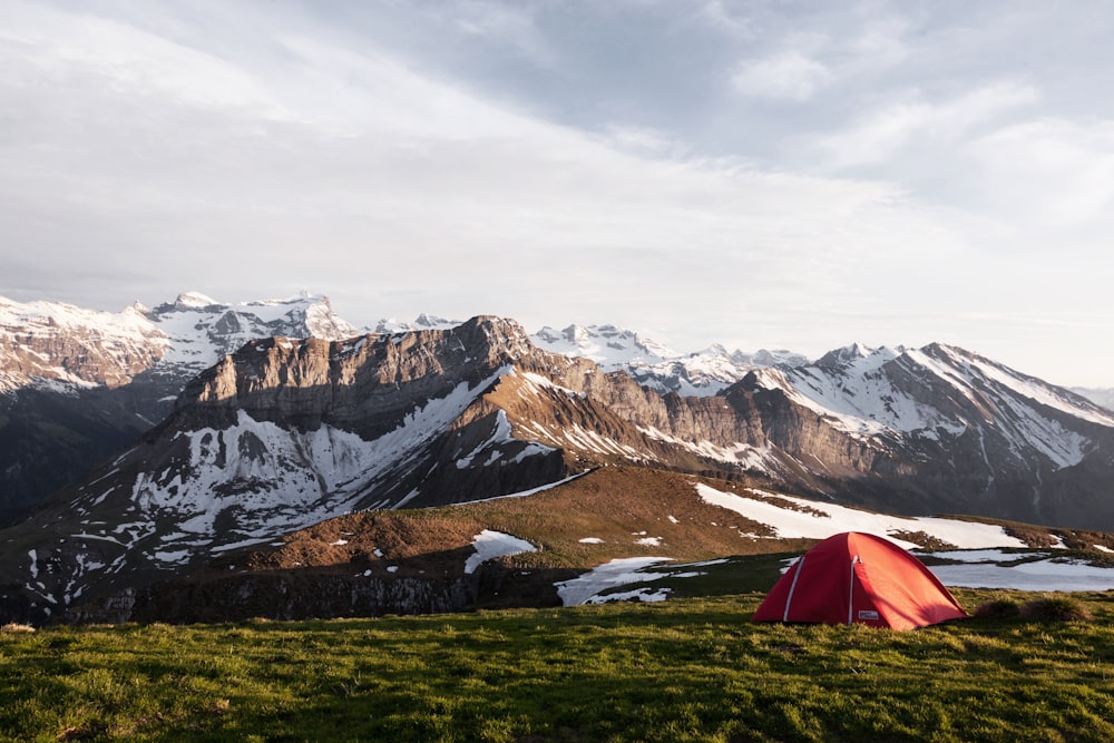 Rotes Zelt auf der Wiese neben eisbedeckten Bergen Naturfotografie