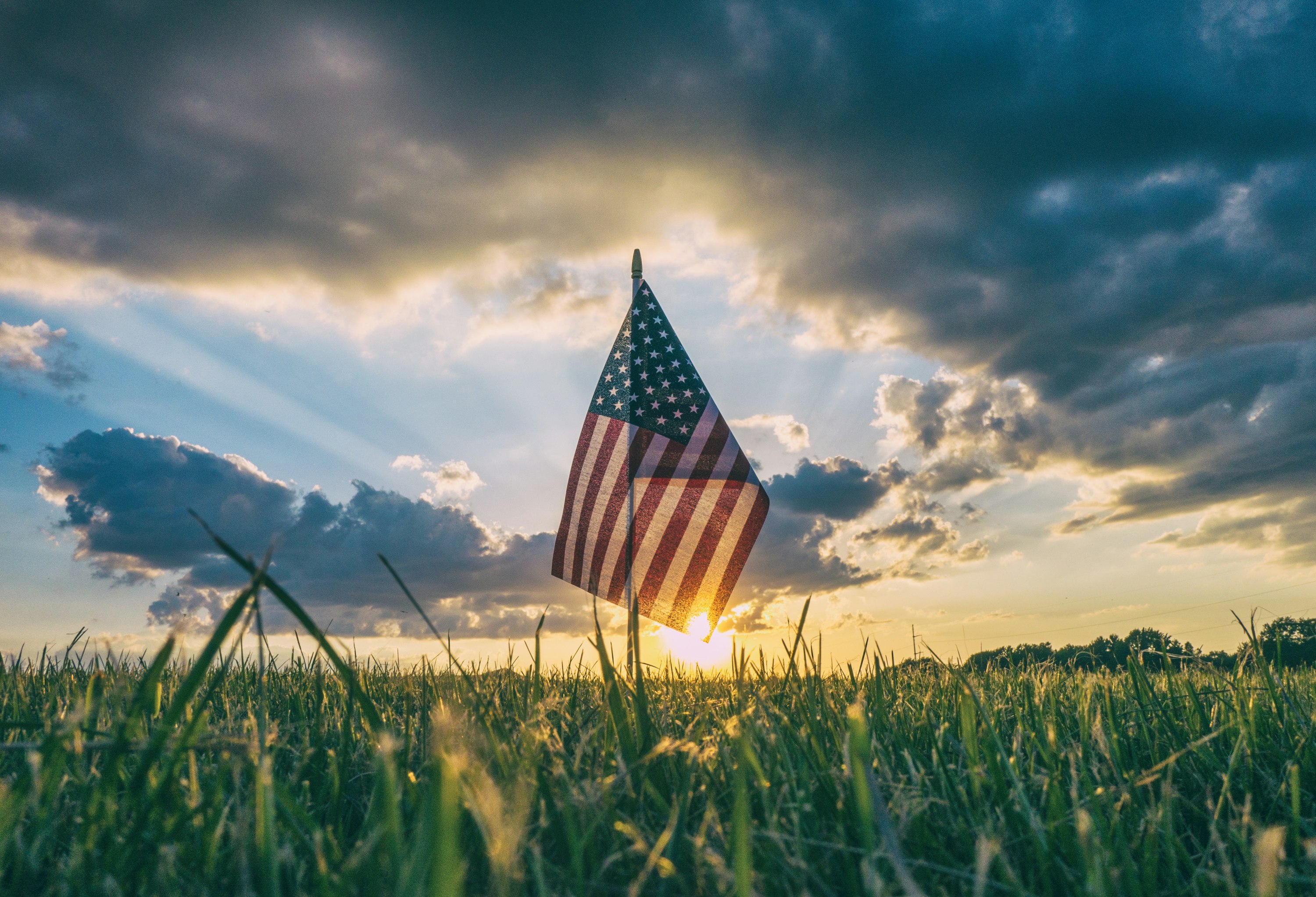 American flag in a well-mowed lawn