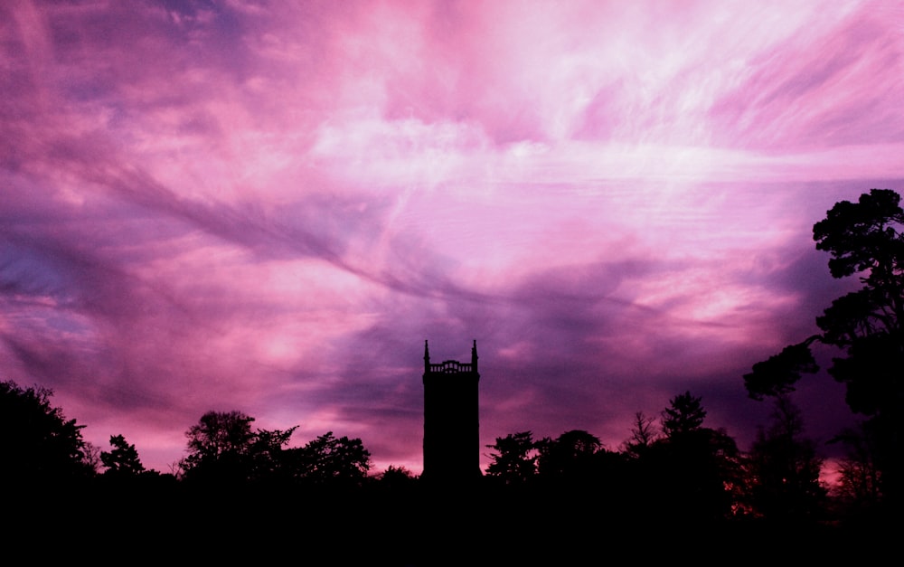 Foto da silhueta das árvores e do edifício sob o céu roxo durante o dia