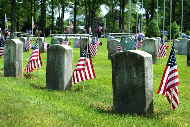 Numerous gravestones are arranged in rows within a cemetery. Each headstone is adorned with a small American flag, creating a memorial atmosphere. The surrounding area is lush with green grass and tall trees, and other flags can be seen in the distance.