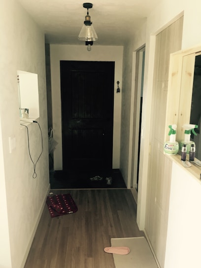 A narrow hallway with a wooden floor leads to a dark wooden door at the end. A pendant light hangs from the ceiling, and there is a mirror on the left wall equipped with a hanging cable. Two red mats and a pink slipper are placed on the floor. To the right, bottles and a fabric softener container are on a shelf.