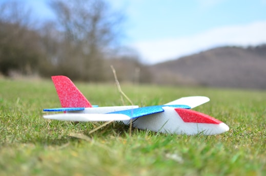 A small colorful toy airplane with red and blue accents lying on a patch of green grass. In the background, there are blurred trees and hills under a blue sky.