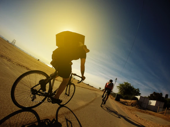Cyclists riding along a sunlit coastal trail with lavender fields and the blue sea in the background.