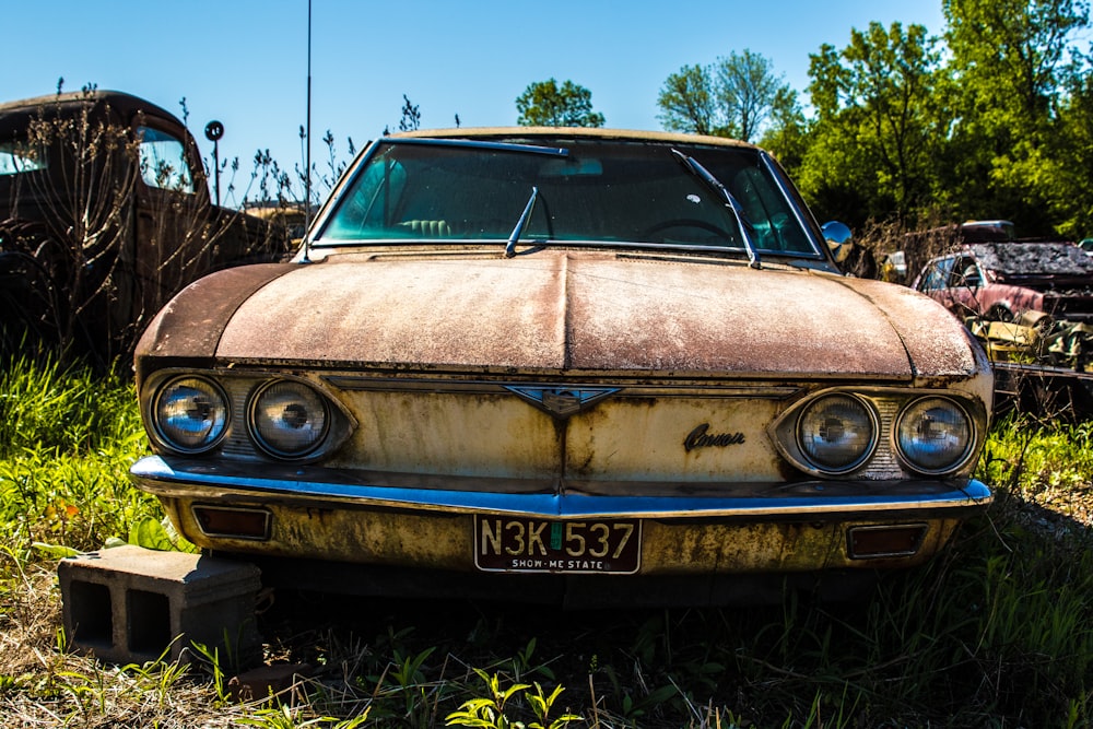 classic vehicle near green trees at daytime