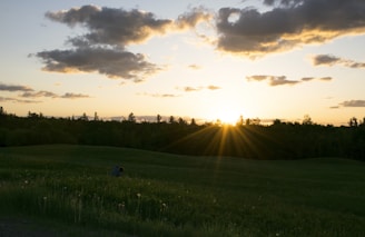A serene landscape with a person praying in a field at sunset.