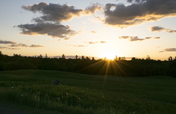 A serene landscape with a person praying in a field at sunset.